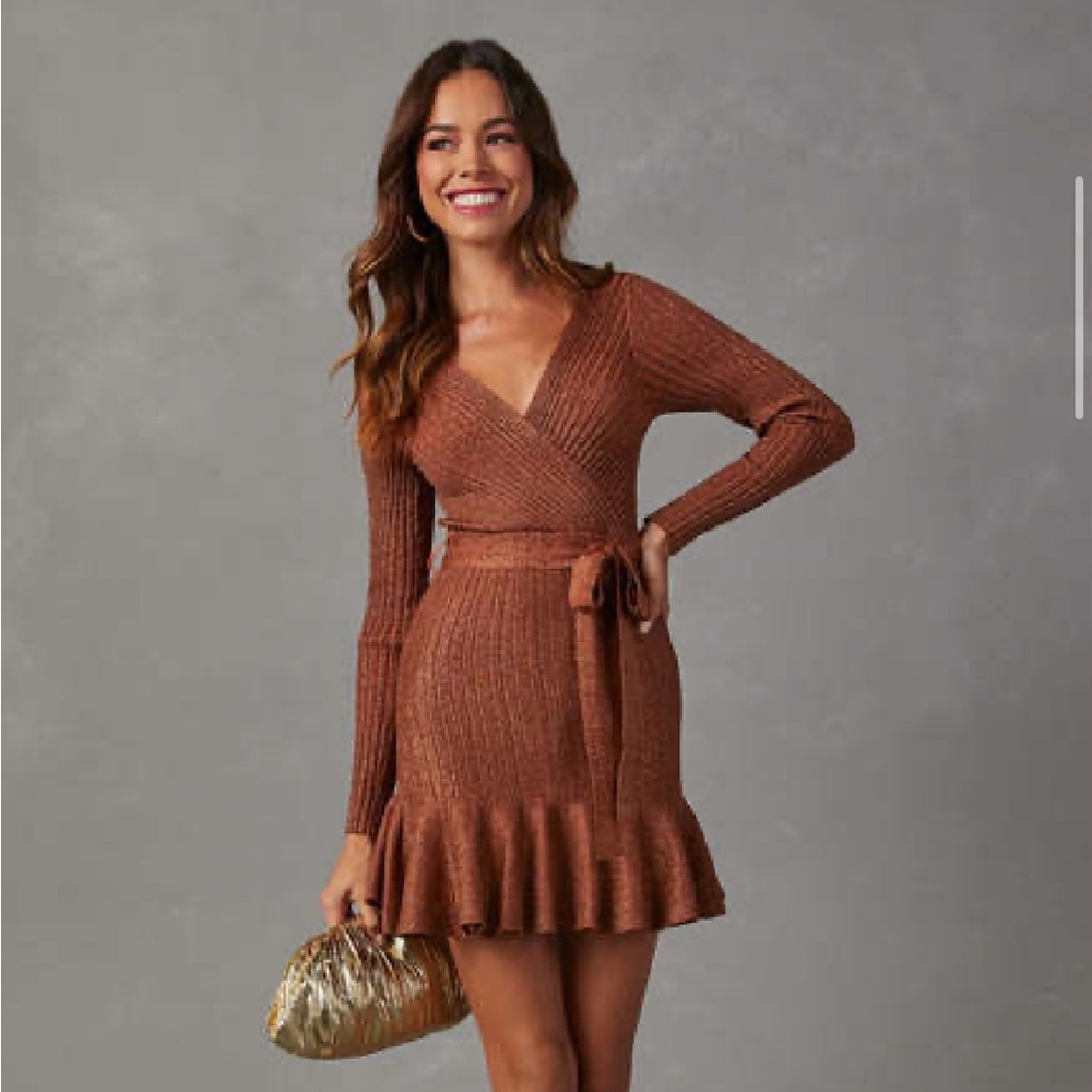 Jodie Ruffle Hem Surplice Midi Sweater Dress - Terracotta